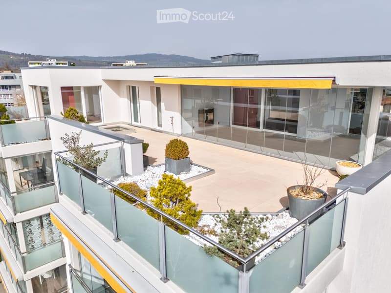 Modern rooftop terrace with glass railings, potted plants, and a view of the surrounding area.