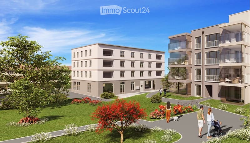 Exterior rendering of an apartment complex with two buildings, landscaped gardens, trees, and pathways. A group of people is walking on the sidewalk, and one person is pushing a stroller.