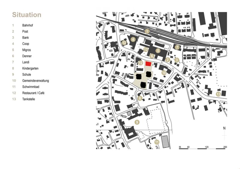 Centrally located area with numbered points labeled for various establishments: Bahnhof, Post, Bank, Coop, Migros, Denner, Landi, Kindergarten, Schule, Gemeindeverwaltung, Schwimmbad, Restaurant / Cafe, and Tankstelle. Surrounding landmarks include roads,
