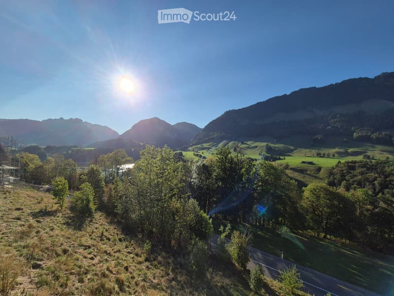 A panoramic view of a lush green valley surrounded by mountains, with a winding road and scattered trees in the foreground.