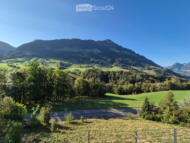 A scenic view of a lush green valley surrounded by forested hills and mountains under a clear blue sky. A road winds through the valley, bordered by trees and grassy fields.