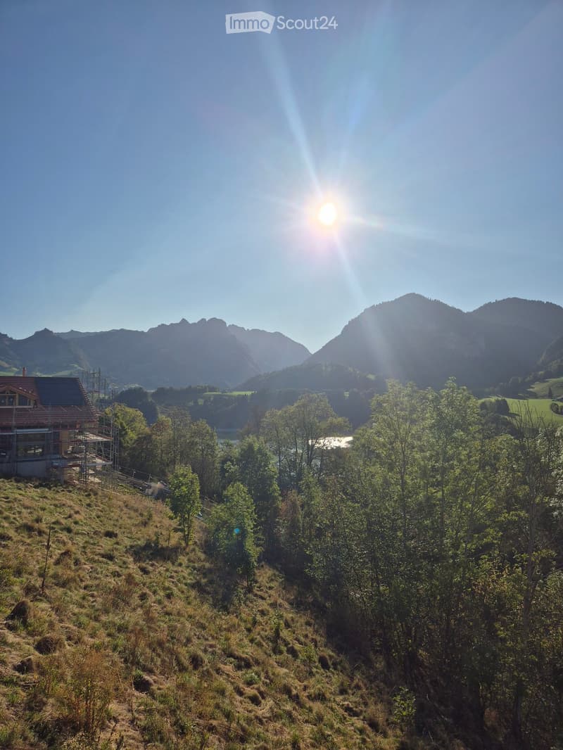 A scenic outdoor view featuring a partially constructed house on a hillside, surrounded by trees and a lake, with mountains in the background under a clear blue sky.