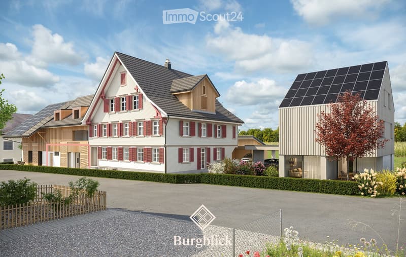 Three modern houses with solar panels on the roofs, surrounded by well-maintained gardens and a driveway.