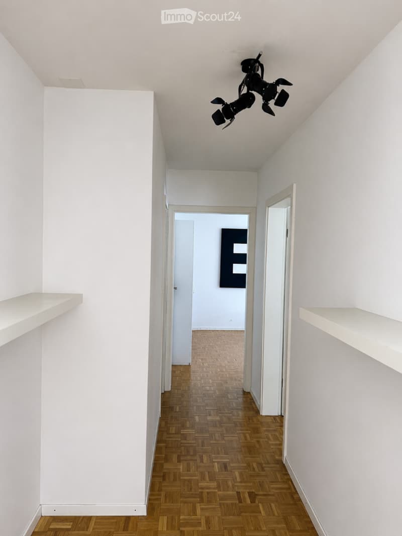 Minimalist hallway with white walls, wooden floor, and a modern black chandelier. A small shelf is visible on the left wall, and a doorway leads to another room with a visible artwork.