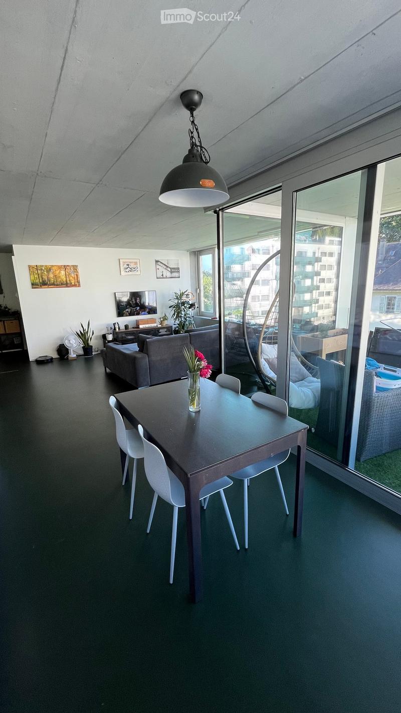 Modern living room with a dark green carpet, white chairs around a dark wooden table, a grey sofa, a hanging lamp, a fan, potted plants, and a television on a stand.
