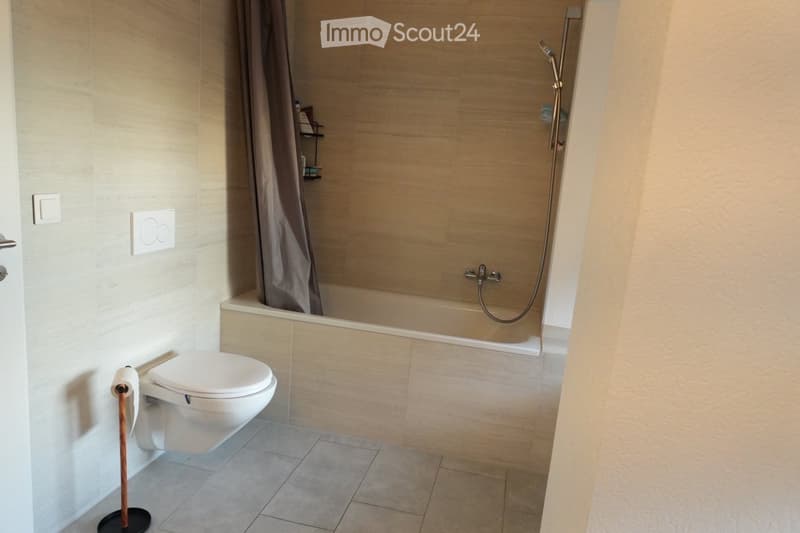Modern bathroom with a bathtub, toilet, and a handheld showerhead. Light-colored tiles and a wooden shelf are visible.