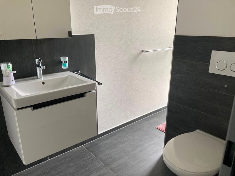 Modern bathroom with a white sink, chrome faucet, and a toilet. Features dark wood paneling on one wall and light grey tiles on the floor.