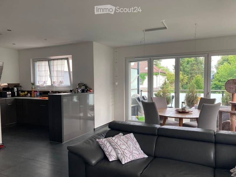 Modern open-plan living and dining area with a black leather sofa, coffee table, dining table with chairs, and a cat tree. The kitchen features dark cabinets, a kitchen island, and various appliances.