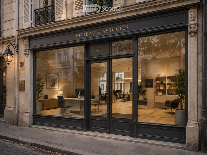 Storefront of Bureau & Associés at number 45, featuring large glass windows and doors, modern interior with desks, chairs, and plants visible inside.