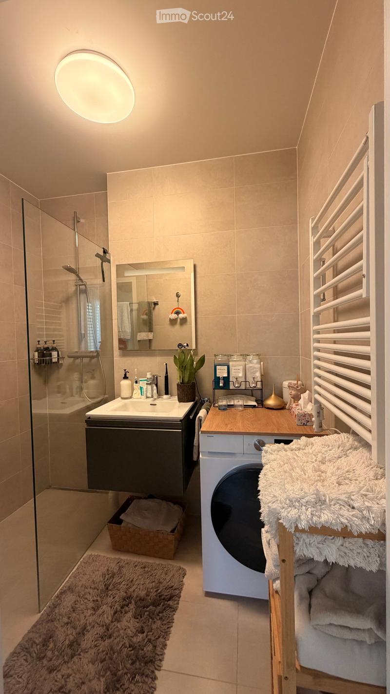 Modern bathroom with a sink, mirror, shower, towel rack, radiator, washing machine, and decorative items including a furry rug and plant.