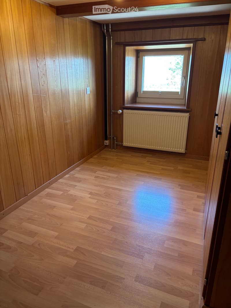 Empty room with wooden walls and flooring, a window with a radiator below, and a visible electrical outlet on the wall.