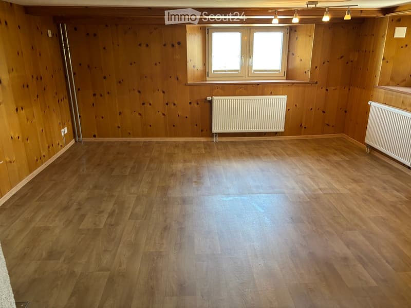 Empty room with wooden walls and floor, two radiators, and a window with double panes.