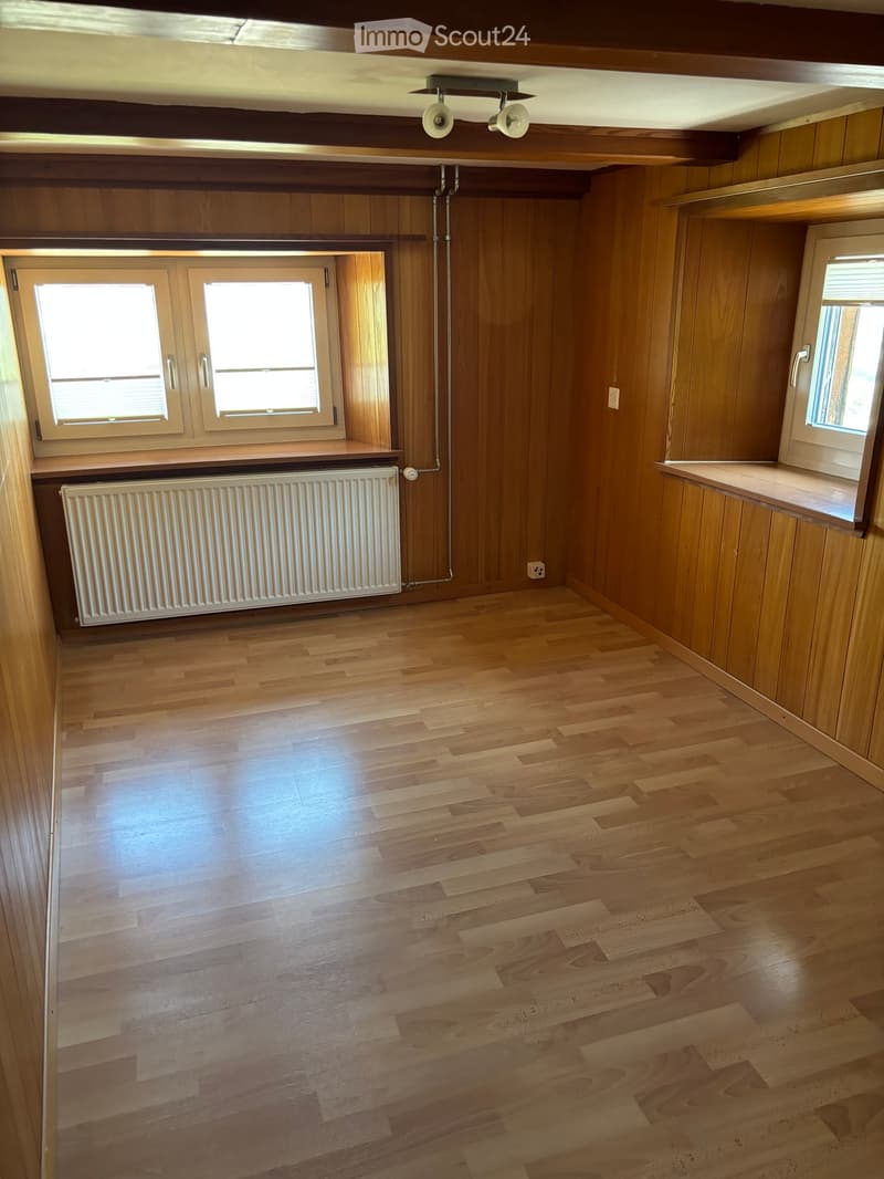 Empty room with wooden walls and flooring, featuring a radiator, windows, and built-in shelves.