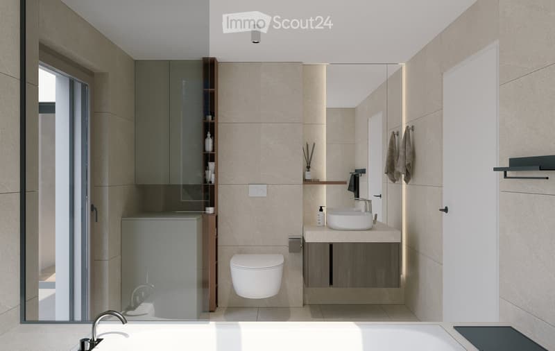 Modern bathroom with a bathtub, sink, toilet, and mirrored cabinet. Features beige tiles, wooden accents, and built-in storage.