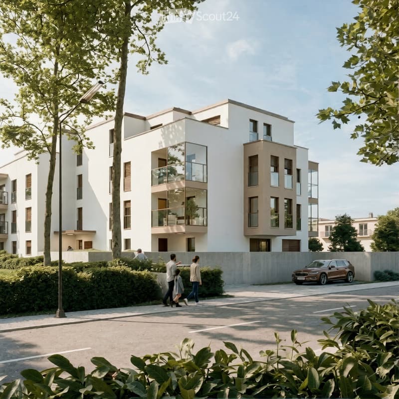 Modern multi-story residential building with white and beige facade, large windows, and balconies. The building is surrounded by greenery and a paved area with a parked car.