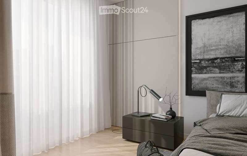 Modern bedroom with a large bed, nightstand, lamp, vase with branches, books, and a large abstract picture frame on the wall.
