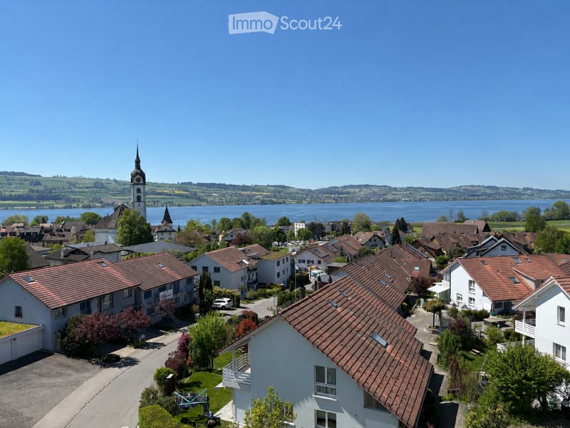 Aerial view of a residential area with multiple houses, red-tiled roofs, and a church tower overlooking a lake in the background.