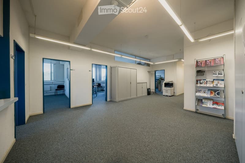 Office corridor with carpeted floor, white walls, fluorescent lighting, and several doors leading to rooms. Visible objects include a chair, table, cabinet, printer, and a magazine rack.