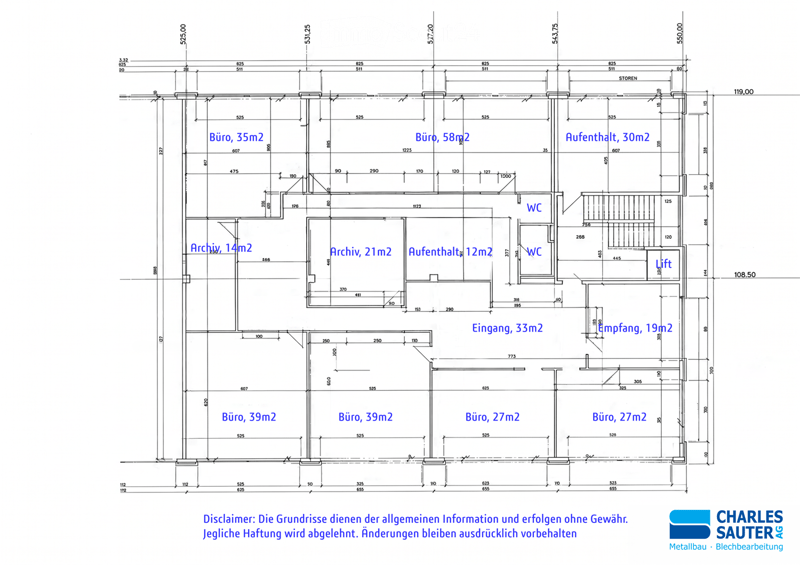 Floor plan showing multiple rooms including offices, archives, reception, entrance, and bathrooms, with labeled dimensions and a lift.