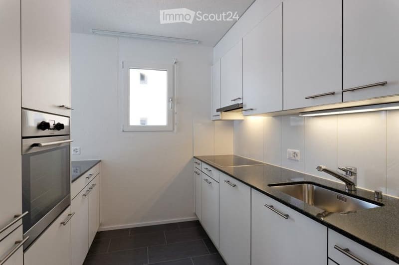 Modern kitchen with white cabinets, stainless steel oven, sink, and countertop.