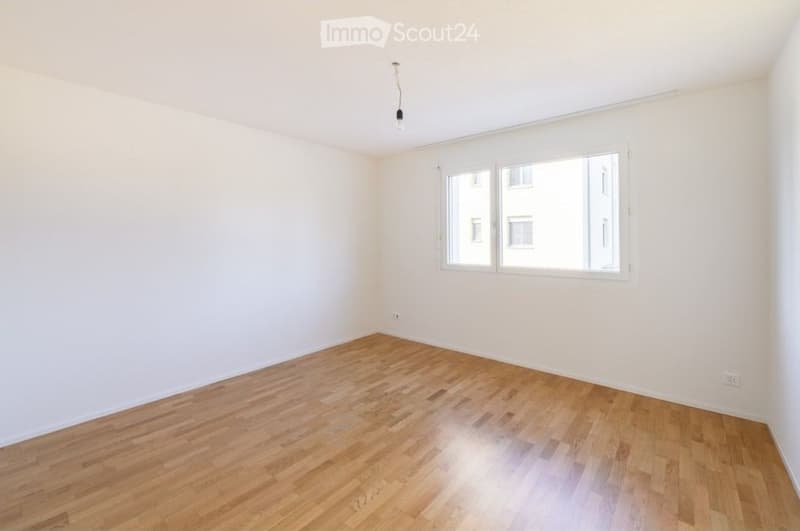 Empty room with light-colored wooden flooring and white walls, featuring a single window with white frames and a simple hanging light fixture.