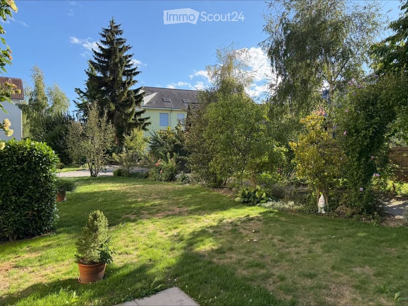 Well-maintained garden with green lawn, various trees, shrubs, and a small garden gnome. A house is visible in the background.