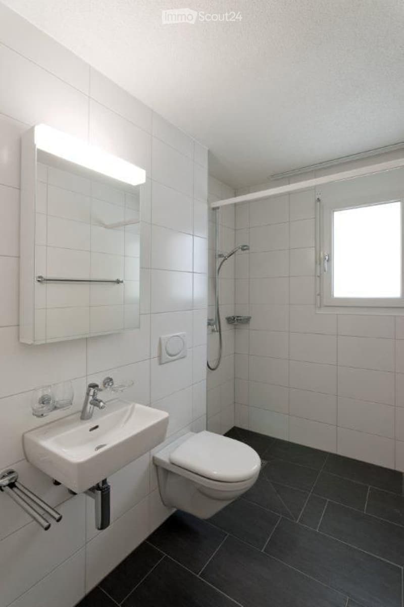 Modern bathroom with white tiles, a sink, toilet, mirror, and a shower area with a glass door.