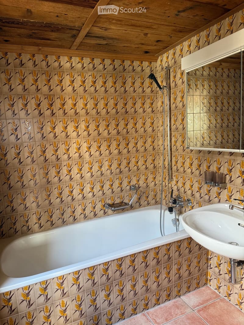 Bathroom with floral patterned tiles, a bathtub, a sink, and a showerhead with a handheld sprayer.