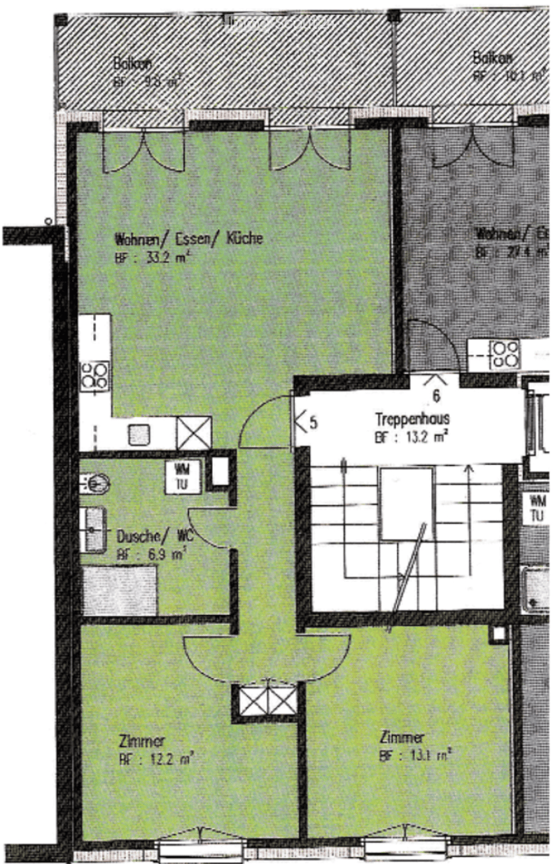 Floor plan of a residential unit featuring a combined living/dining/kitchen area, two bedrooms, a staircase, a bathroom, and two balconies.