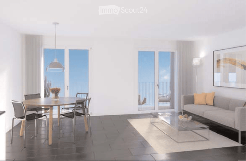 Modern living and dining area with large windows, a sofa, coffee table, dining table, and chairs.