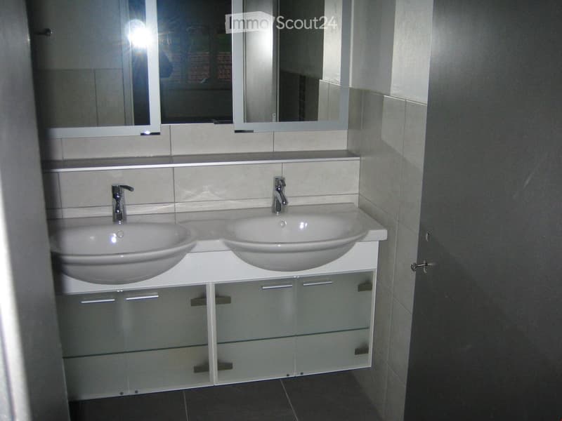 Modern bathroom with two sinks, mirrored cabinet, and sleek white cabinetry.