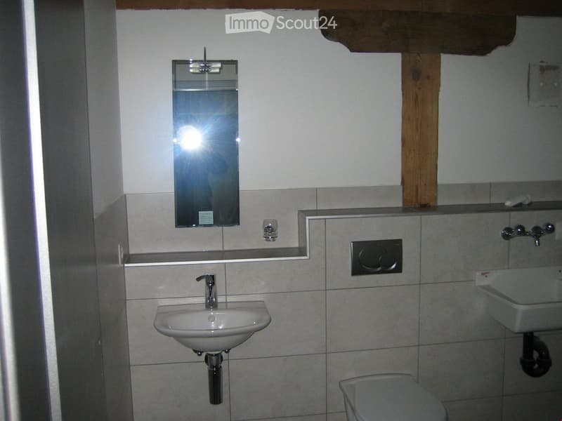 Modern bathroom with white tiled walls, a single sink with a chrome faucet, a mirror above it, and a toilet. The space features a sleek, contemporary design with a wooden ceiling beam.