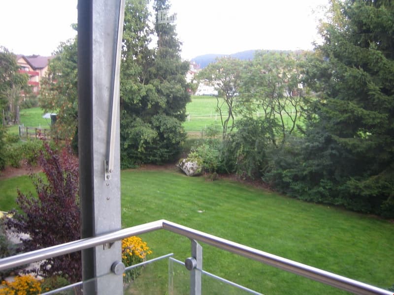 Balcony overlooking a well-maintained lawn and garden area with trees and distant houses.