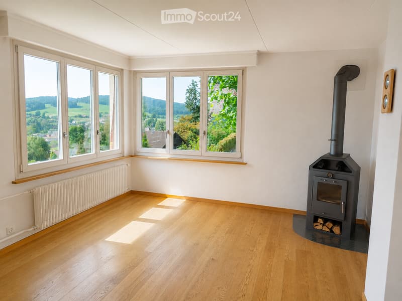 Empty room with wooden flooring, white walls, large windows offering a scenic view, and a wood-burning stove with a chimney.