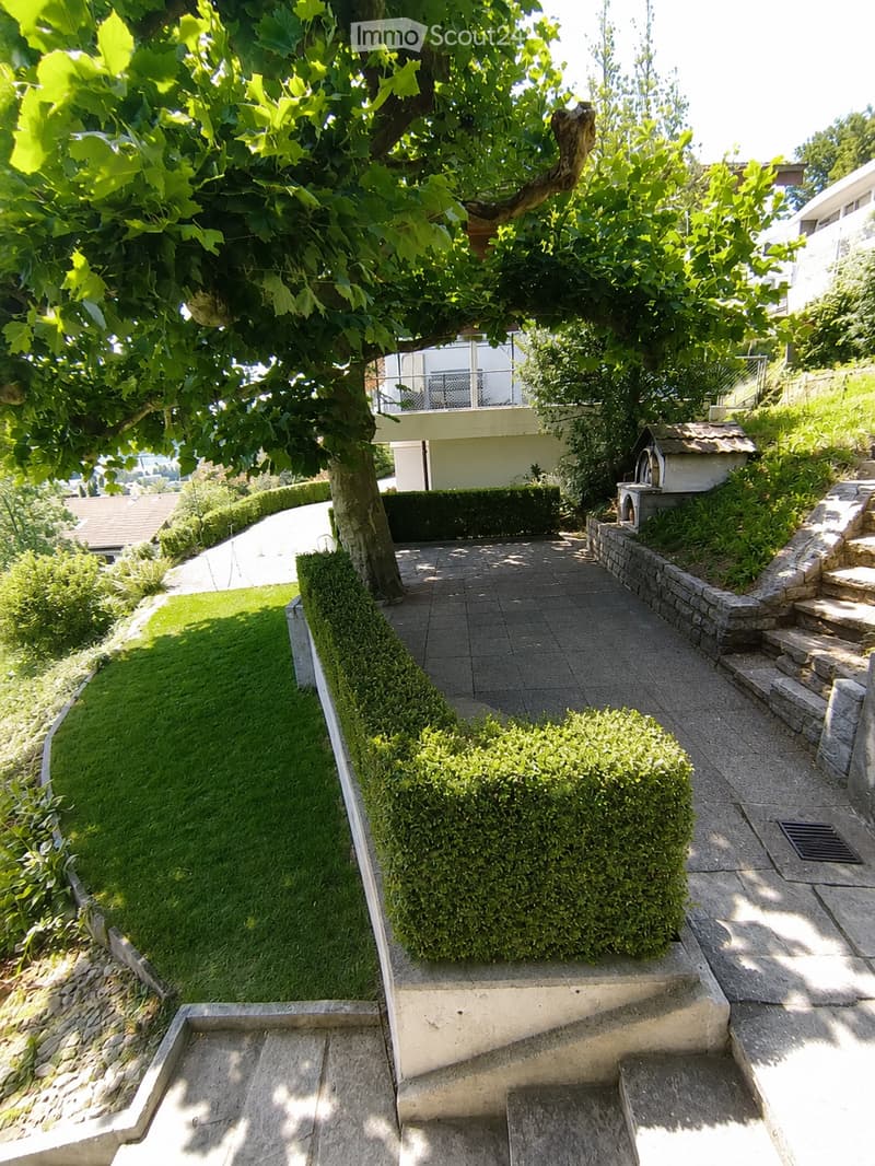 A well-maintained garden with a paved pathway, trimmed hedges, a large tree, and a small stone structure, leading to a house with a balcony.