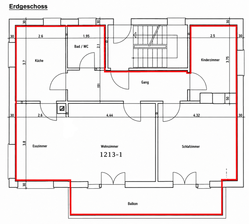 Ground floor floor plan showing a kitchen, bathroom/WC, hallway, living room, dining room, bedroom, children's room, and balcony.
