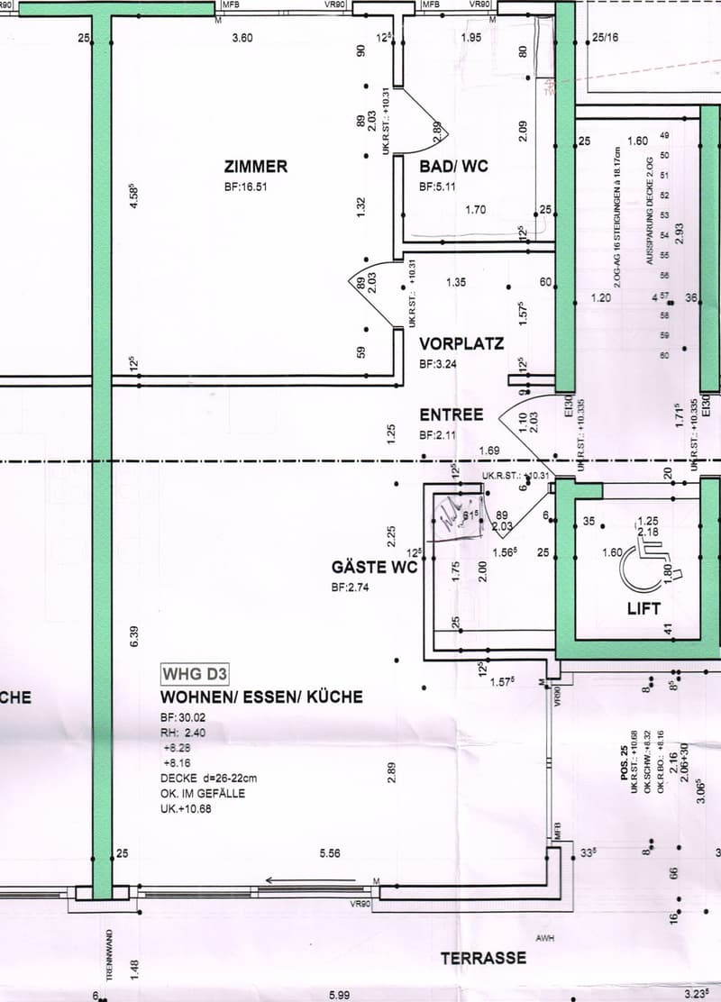 Floor plan of apartment D3 showing living/dining/kitchen area, bedroom, bathroom, guest WC, entrance, hallway, and terrace.