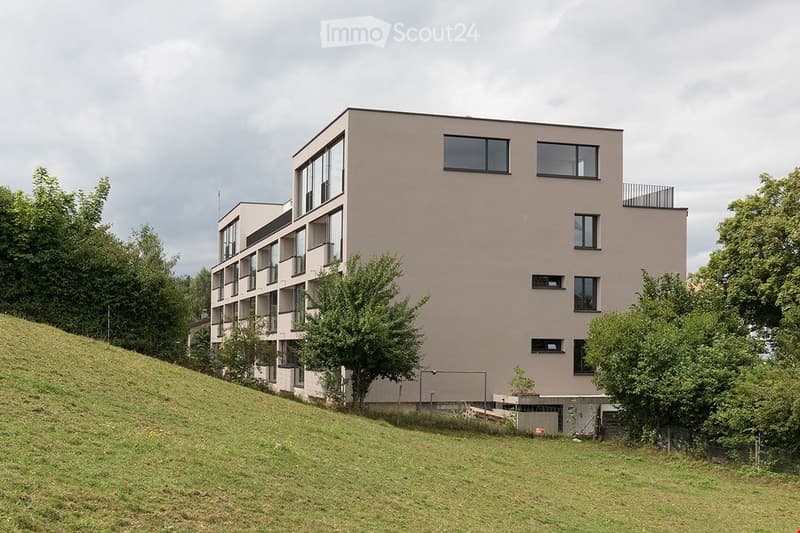 Modern apartment building with large windows, raised ground floor, and a grassy slope at the front