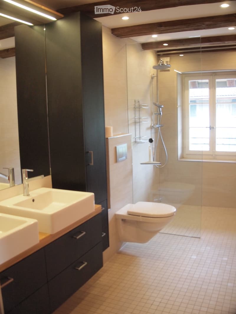 Modern bathroom with double sinks, a toilet, a shower, and dark wooden cabinets.