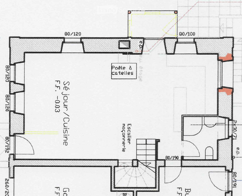 Floor plan of a house with labeled rooms including living room, kitchen, bedrooms, and bathrooms. Dimensions are provided for each room.