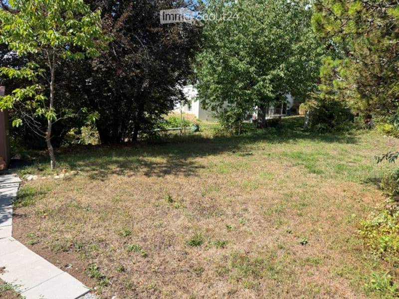 A grassy backyard with trees and a small shed in the background.