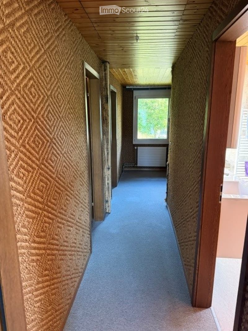 A narrow hallway with patterned textured walls, wooden doors, and a blue carpeted floor. Natural light filters in from a window at the end.
