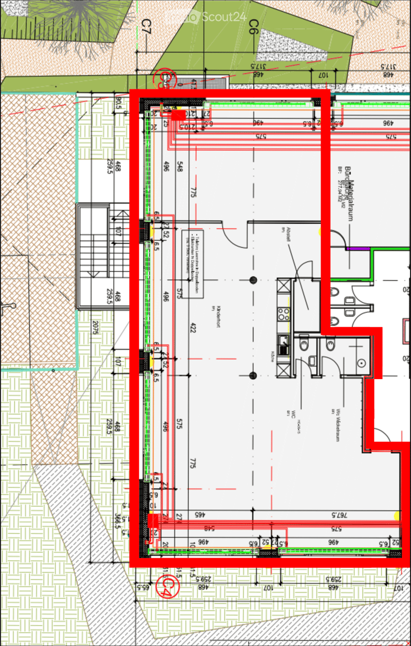 Floor plan showing a multi-room layout with labeled dimensions and room numbers, including a kitchen, living room, bedrooms, and bathrooms.