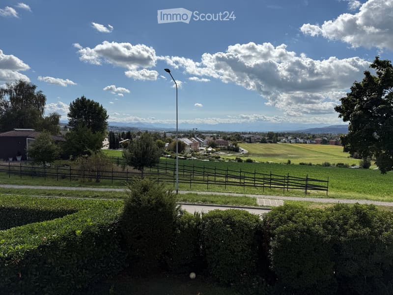A well-maintained garden with trimmed hedges, a gravel pathway, and a wooden fence enclosing a grassy area. The background shows a scenic view of a town with houses, fields, and distant mountains under a partly cloudy sky.
