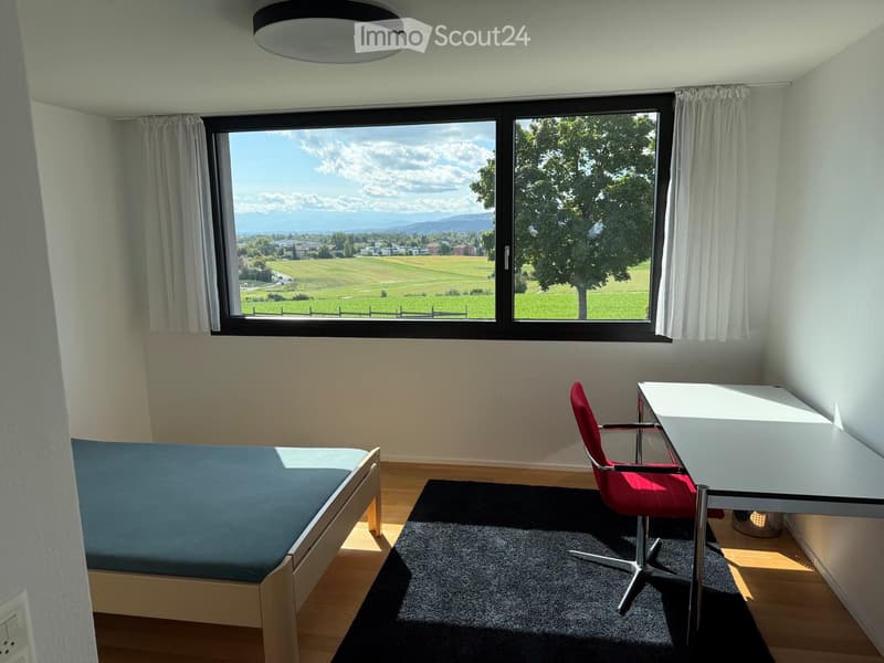 A small, well-lit bedroom with a single bed, a desk with a chair, and a large window offering a scenic view of a green field and mountains.