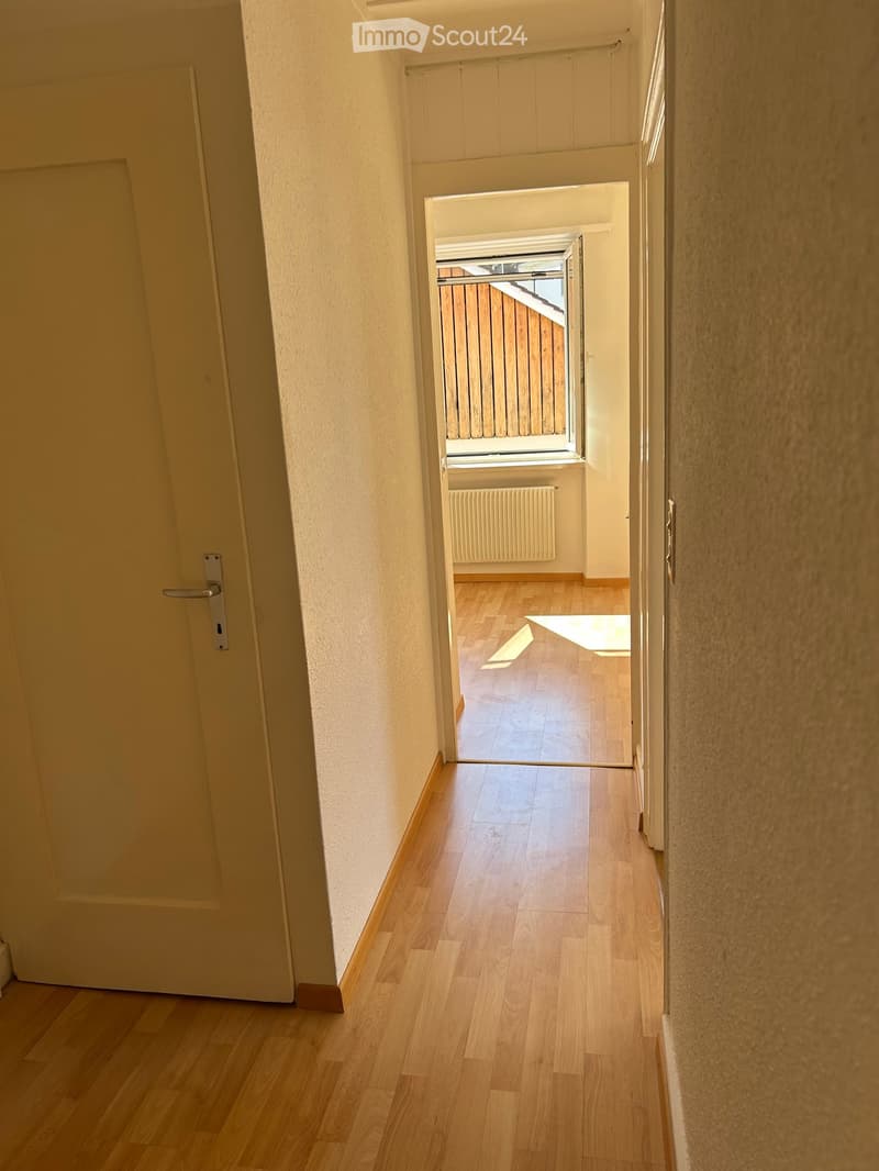 A narrow hallway with wooden flooring, light-colored walls, and a door on the left leading to another room. An open doorway at the end reveals a room with a radiator and a window with a wooden frame.