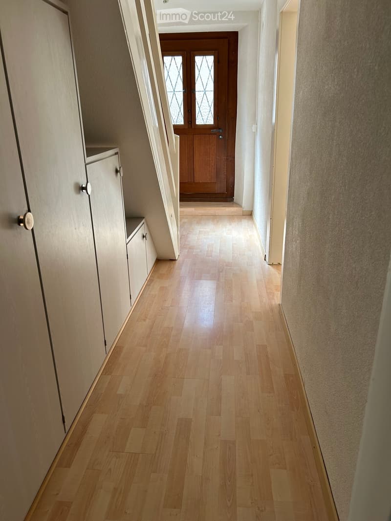 A narrow hallway with light wooden flooring, white walls, and a wooden door at the end featuring glass panels. There is a built-in cabinet on the left side.