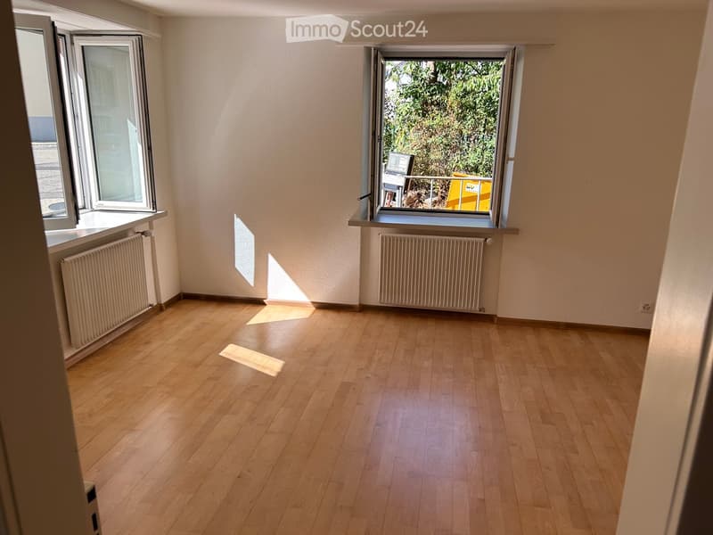 Empty room with wooden flooring, white walls, and two windows with radiators beneath them. Sunlight streams in, casting shadows on the floor.
