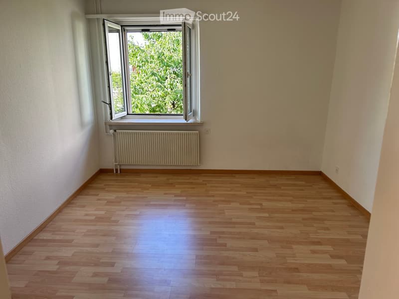 Empty room with wooden flooring, white walls, and a large window with open shutters. A radiator is visible below the window.