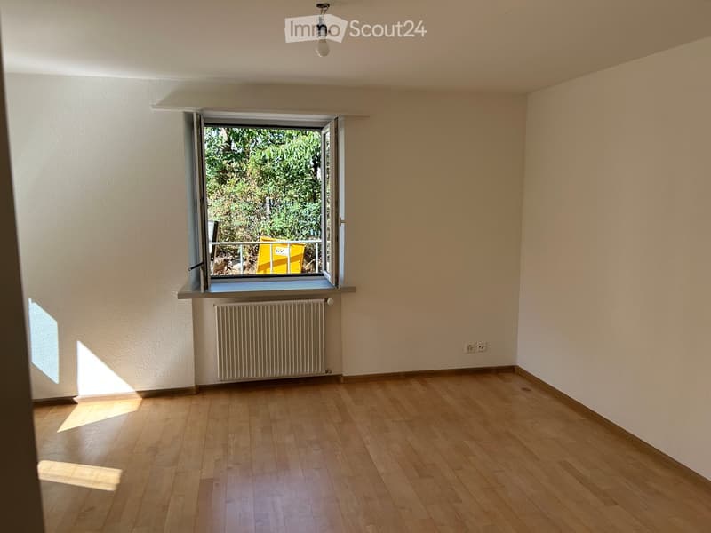 Empty room with wooden flooring, white walls, a radiator, and a large window with a view of greenery outside.